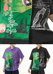 Women Black Peter Pan Collar Print Patchwork Cotton Blouse Top Summer