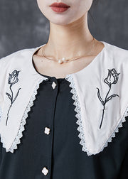 Women Black Peter Pan Collar Ruffled Cotton Two Piece Set Spring