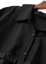 Women Black Peter Pan Collar Wrinkled Patchwork Cotton Shirt Top Spring