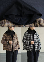 Women Black Plaid Hooded Fine Cotton Filled Puffers Jackets Winter