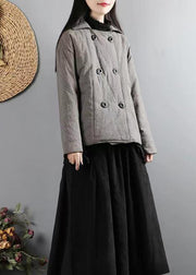 Women Black Plaid Pockets Double Breast Patchwork Cotton Filled Coats Winter