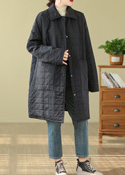 Women Black Pockets Button Patchwork Fine Cotton Filled Coat Winter