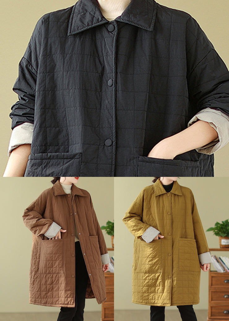 Women Black Pockets Button Patchwork Fine Cotton Filled Coat Winter