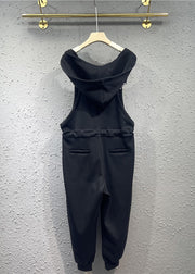 Women Black Pockets Drawstring Patchwork Cotton Overalls Jumpsuit Fall