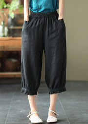 Women Black Pockets Elastic Waist Linen Crop Pants Summer