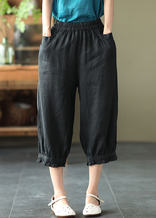 Women Black Pockets Elastic Waist Linen Crop Pants Summer