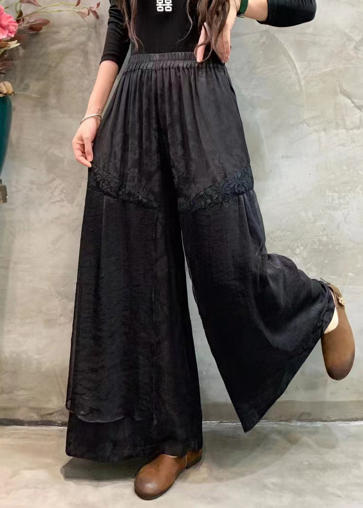 Women Black Pockets Elastic Waist Silk Linen Wide Leg Pants Spring