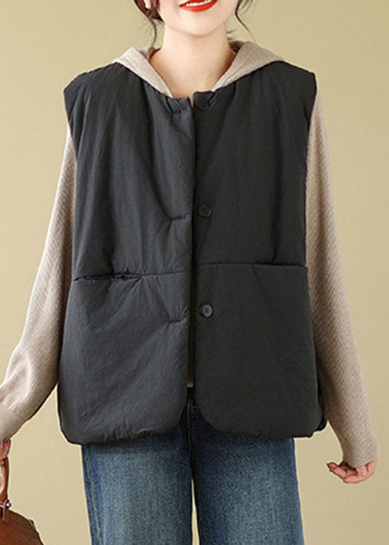 Women Black Pockets Patchwork Button Hooded Jacket Waistcoat Winter