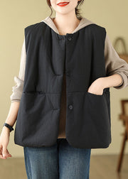 Women Black Pockets Patchwork Button Hooded Jacket Waistcoat Winter
