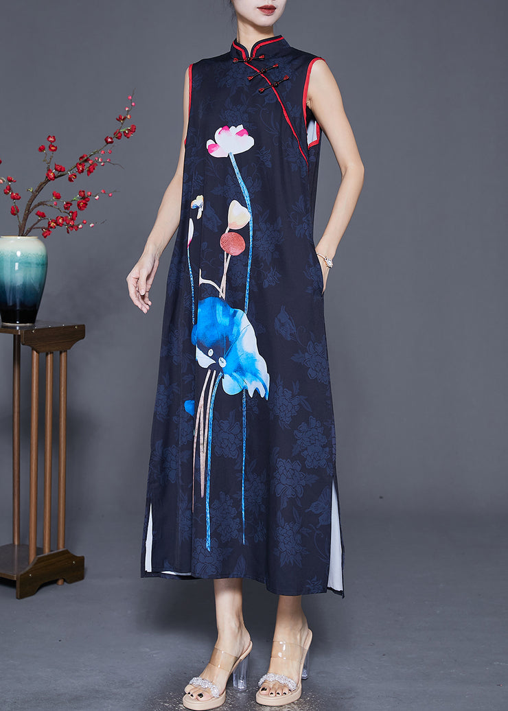 Women Black Print Chinese Button Silk Long Dress Sleeveless