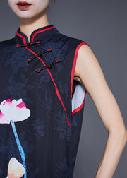 Women Black Print Chinese Button Silk Long Dress Sleeveless