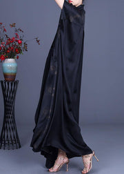 Women Black Print Feather Floral Silk  Dress Summer - SooLinen