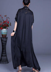 Women Black Print Feather Floral Silk  Dress Summer - SooLinen