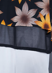 Women Black Print Patchwork Chiffon Fake Two Piece Shirt Tops Summer