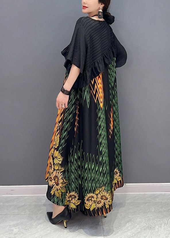 Women Black Print Patchwork Ruffled Silk Dress Summer