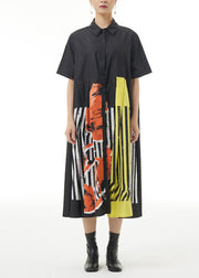 Women Black Print Patchwork Striped Cotton Maxi Shirt Dress Summer