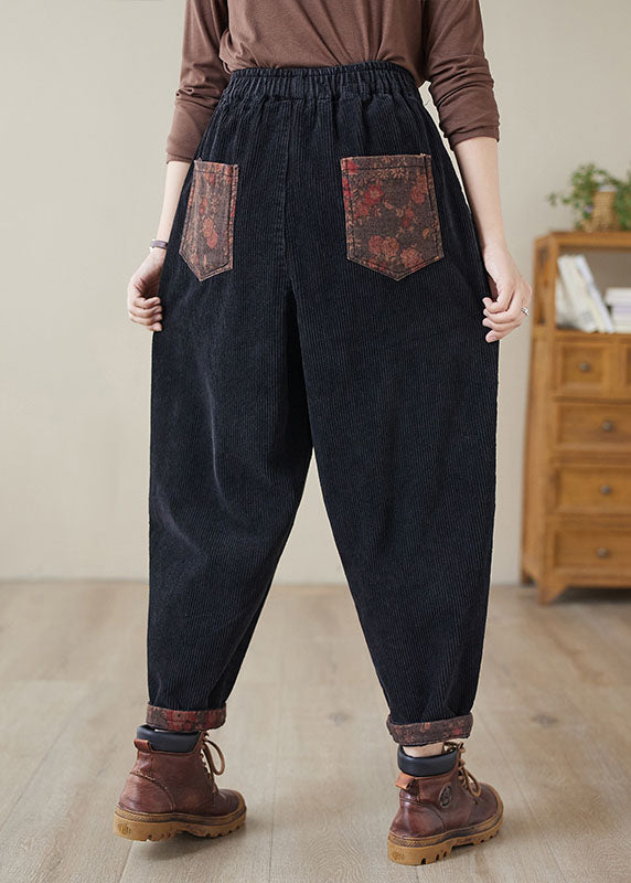 Women Black Print Patchwork Thick Corduroy Fleece Pants Winter