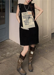 Women Black Print Pockets Patchwork Cotton Mid Dress Sleeveless
