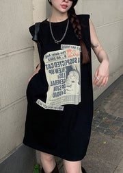 Women Black Print Pockets Patchwork Cotton Mid Dress Sleeveless