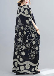 Women Black Print V Neck Batwing Sleeve Robe Spring Dress - SooLinen