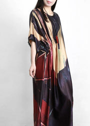 Women Black Print Silk Party Dress Batwing Sleeve - SooLinen