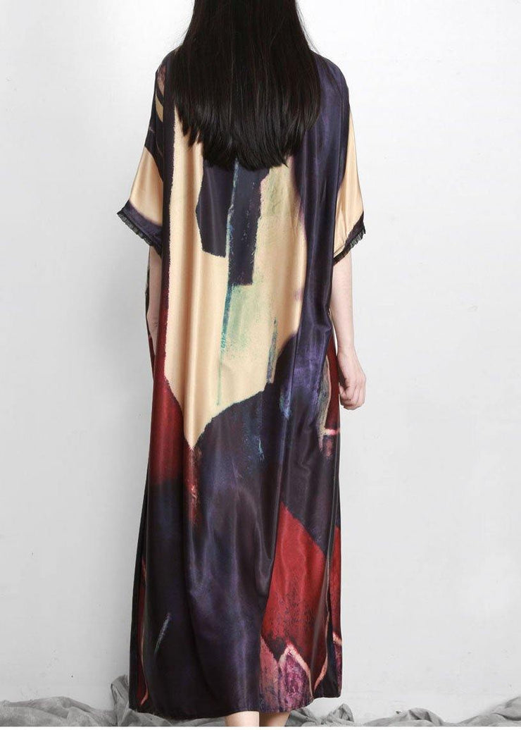 Women Black Print Silk Party Dress Batwing Sleeve - SooLinen