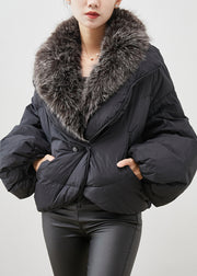 Women Black Rabbit Hair Collar Warm Duck Down Puffer Jacket Winter