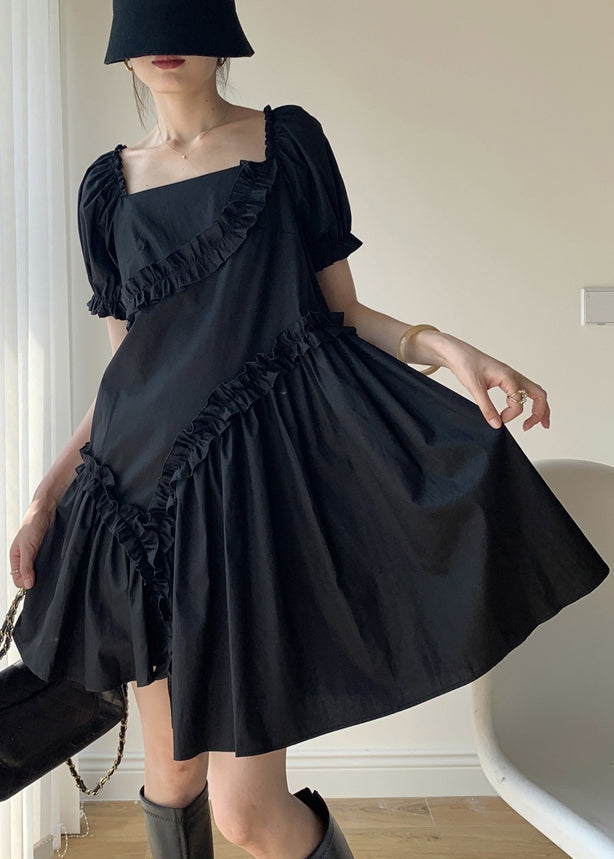 Women Black Ruffled Asymmetrical Patchwork Cotton Dresses Puff Sleeve