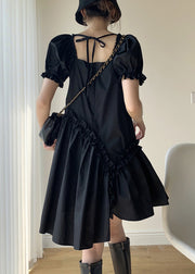Women Black Ruffled Asymmetrical Patchwork Cotton Dresses Puff Sleeve