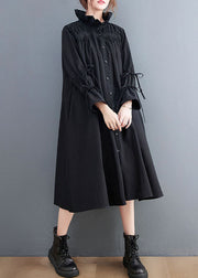 Women Black Ruffled Button Cotton Blouses Dresses Spring
