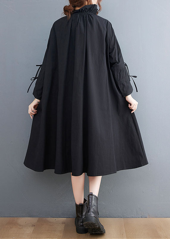 Women Black Ruffled Button Cotton Blouses Dresses Spring