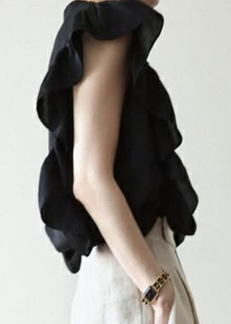Women Black Ruffled Solid Button Silk Vest Sleeveless