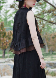 Women Black Ruffled Tasseled Patchwork Silk Waistcoat Sleeveless