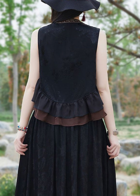 Women Black Ruffled Tasseled Patchwork Silk Waistcoat Sleeveless