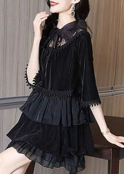 Women Black Ruffled Tasseled Patchwork Velour Mid Dress Fall