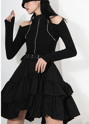 Women Black Ruffles Button Summer Skirts - SooLinen
