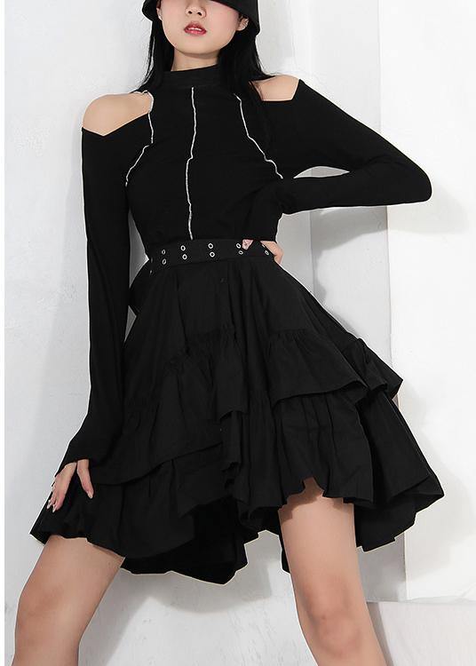 Women Black Ruffles Button Summer Skirts - SooLinen