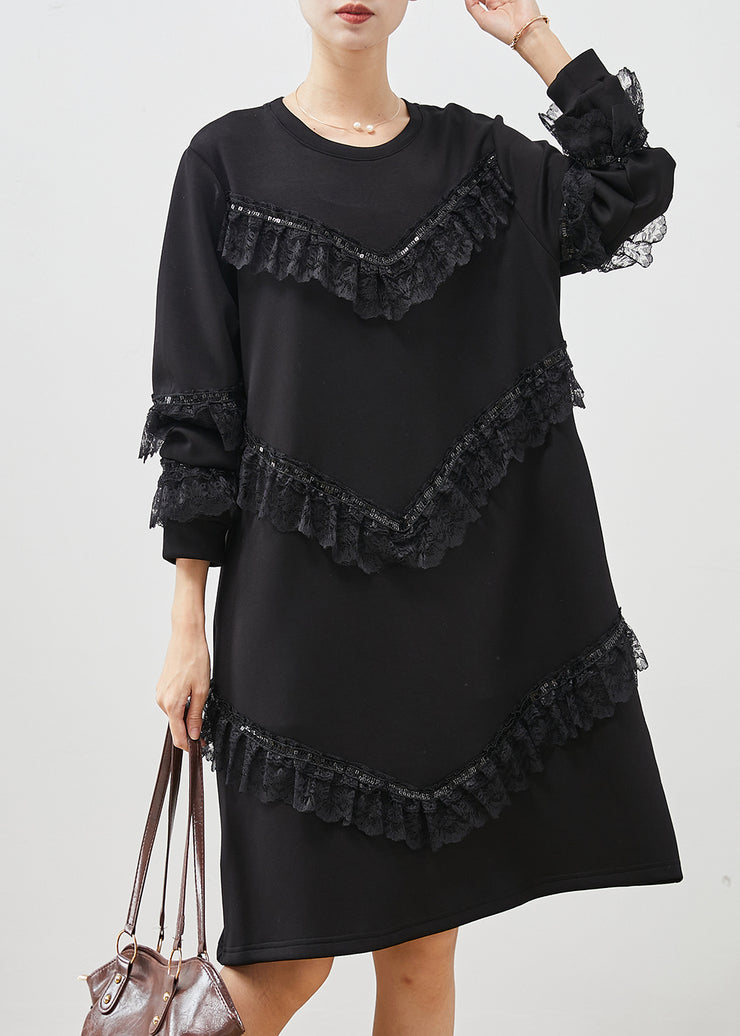 Women Black Ruffles Patchwork Cotton Sweatshirts Dress Spring