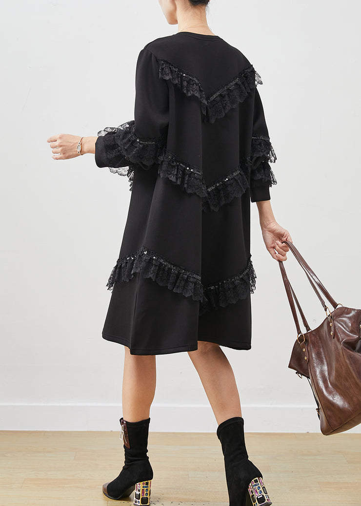 Women Black Ruffles Patchwork Cotton Sweatshirts Dress Spring