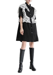 Women Black Ruffles Patchwork Summer Button Party Dress Short Sleeve - SooLinen