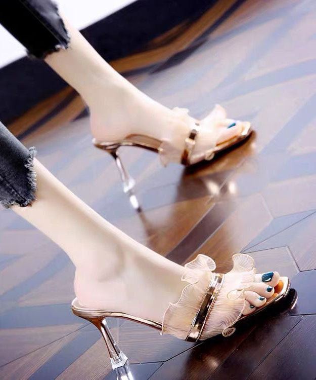 Women Black Ruffles Tulle High Heel Slippers Peep Toe Stiletto Sandals