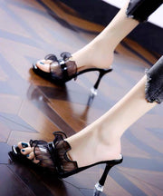 Women Black Ruffles Tulle High Heel Slippers Peep Toe Stiletto Sandals