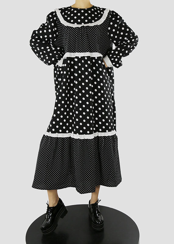 Women Black Ruffles Zip Up dot Patchwork Maxi Dresses Spring