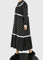 Women Black Ruffles Zip Up dot Patchwork Maxi Dresses Spring