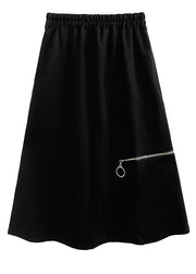 Women Black Side Open High Waist Patchwork Cotton A Line Skirts Fall