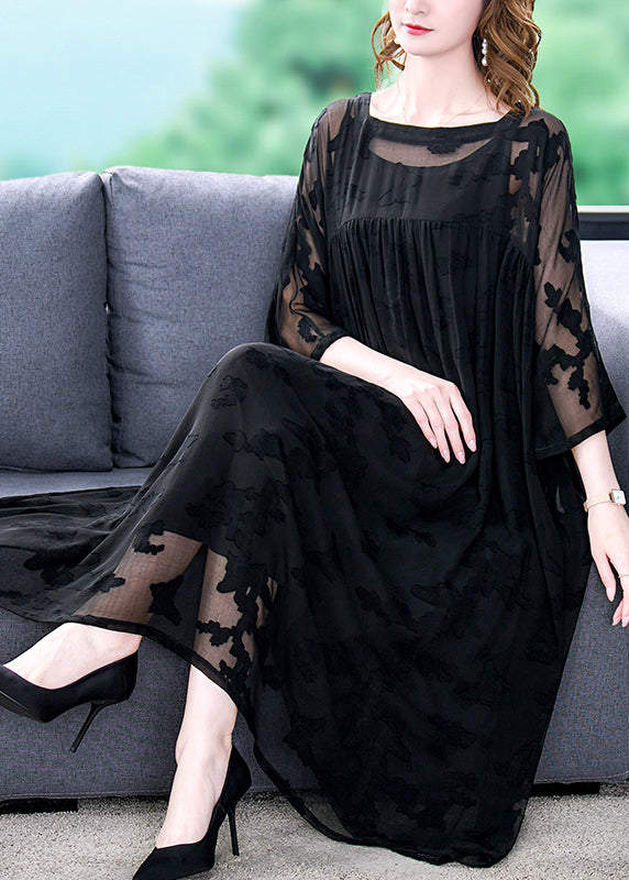 Women Black Square Collar Embroidered Chiffon Dress Two Pieces Set Summer