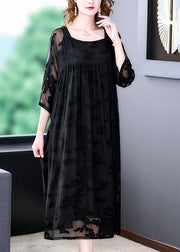 Women Black Square Collar Embroidered Chiffon Dress Two Pieces Set Summer