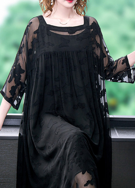 Frauen-schwarzer quadratischer Kragen besticktes Chiffon-Kleid zweiteiliges Set Sommer