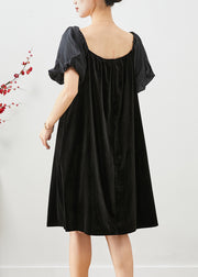 Women Black Square Collar Patchwork Silk Velour Maxi Dresses Summer