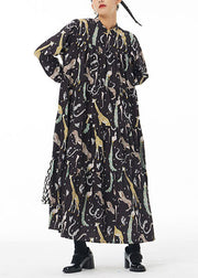 Women Black Stand Collar Animal Print Patchwork Cotton Shirts Dress Spring